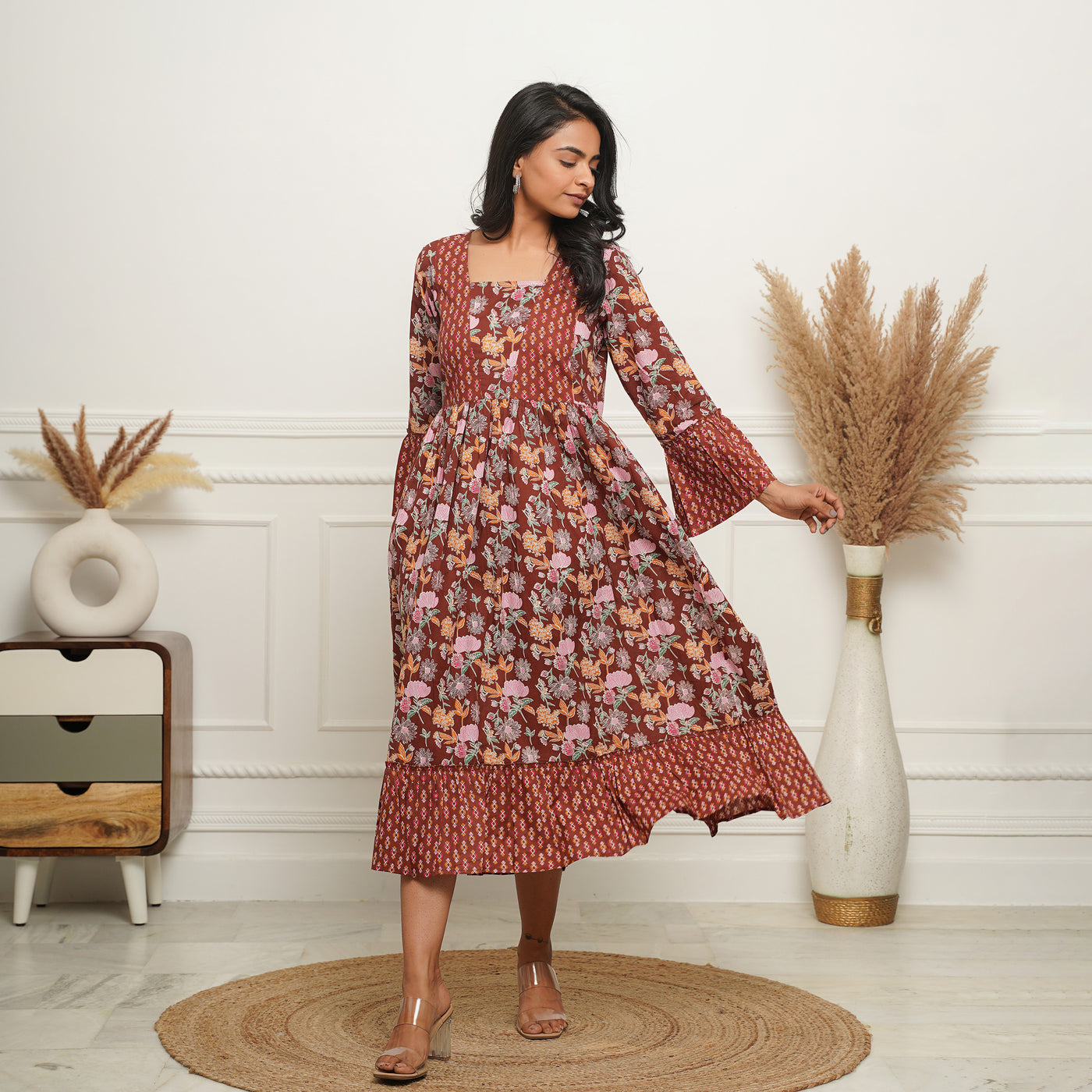'Brown Mosaic' Cotton Midi Dress with Pockets