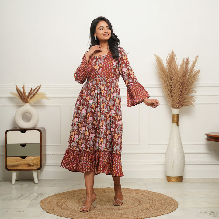 'Brown Mosaic' Cotton Midi Dress with Pockets