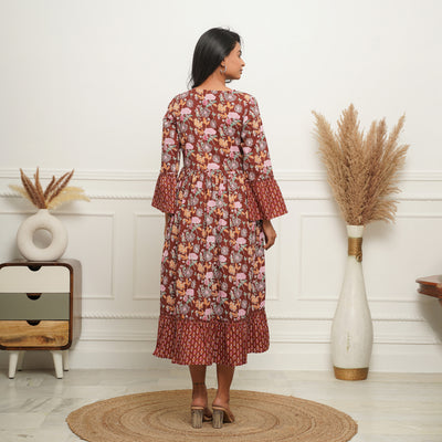'Brown Mosaic' Cotton Midi Dress with Pockets