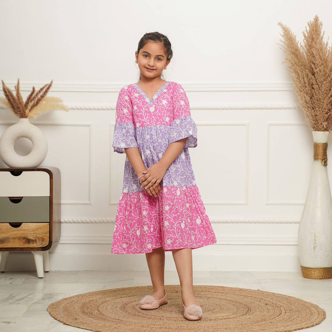 'Floral Dual' Tiered Girl's Cotton Dress