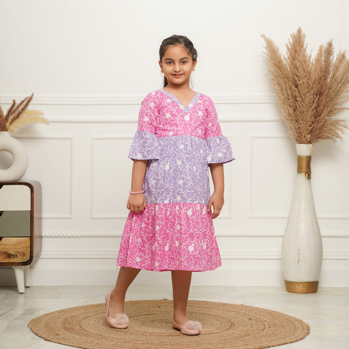 'Floral Dual' Tiered Girl's Cotton Dress