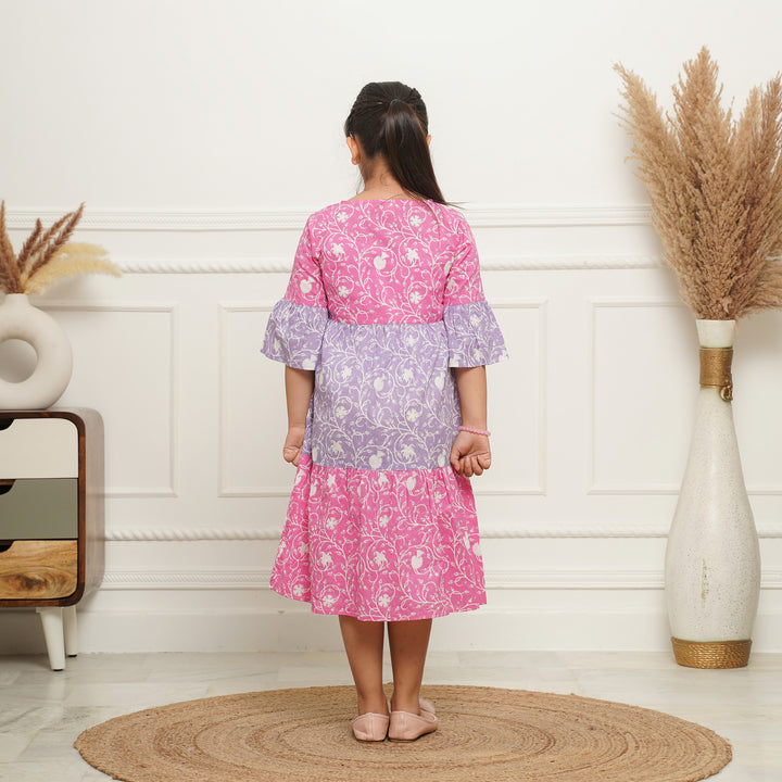 'Floral Dual' Tiered Girl's Cotton Dress