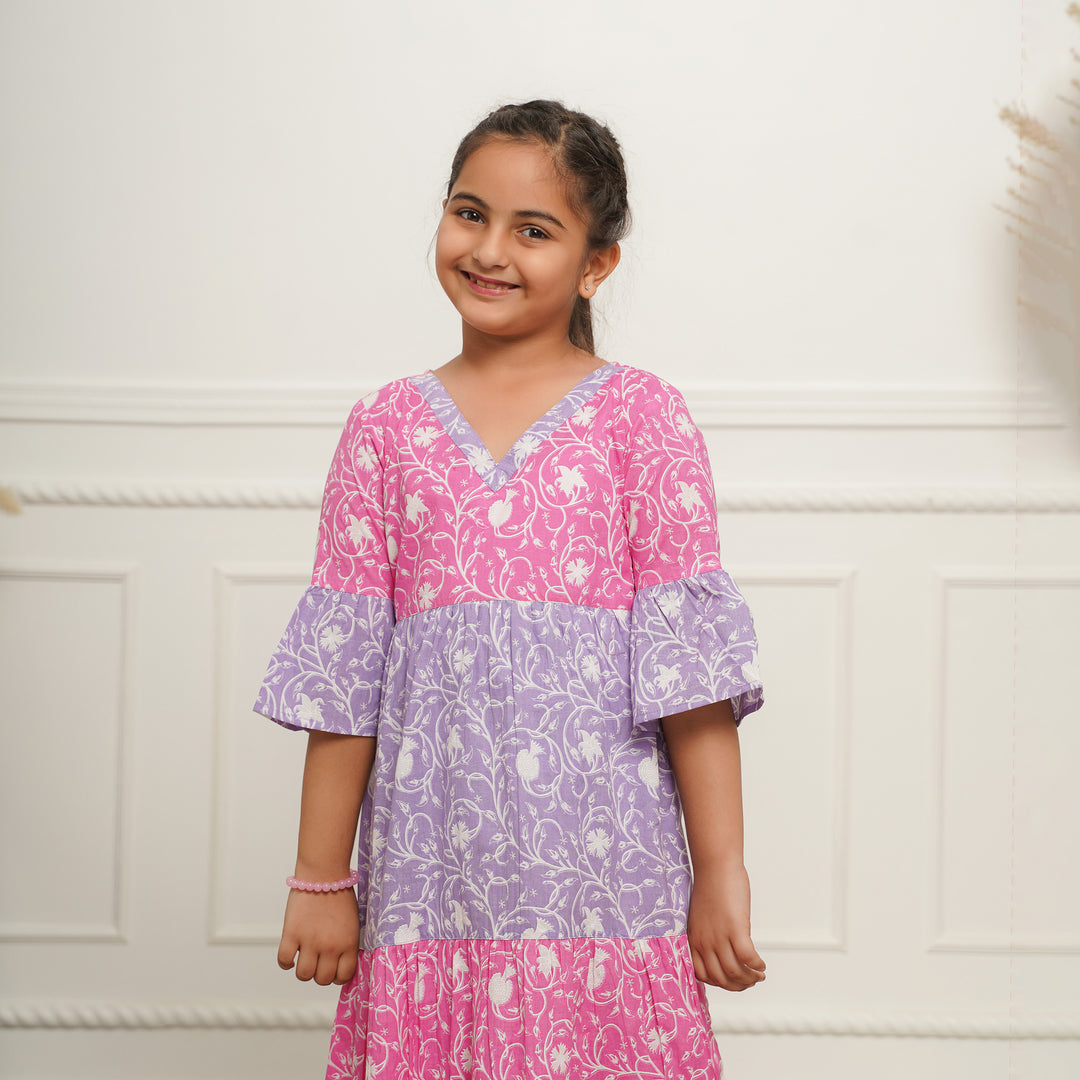 'Floral Dual' Tiered Girl's Cotton Dress