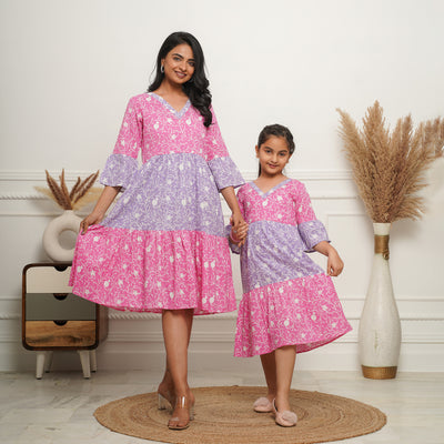 'Floral Dual' Mom and Daughter Tiered Cotton Dresses