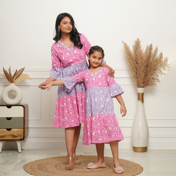 'Floral Dual' Mom and Daughter Tiered Cotton Dresses