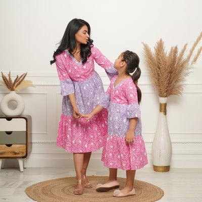 'Floral Dual' Mom and Daughter Tiered Cotton Dresses