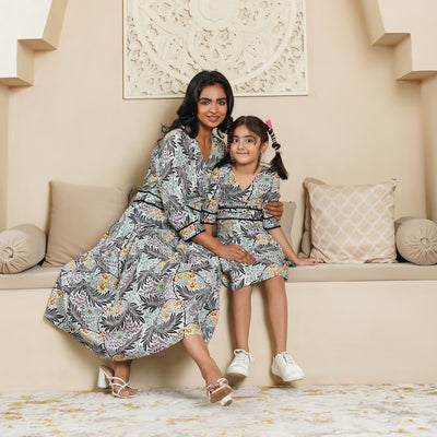 'Tropical Black' Mom and Daughter Cotton Dresses