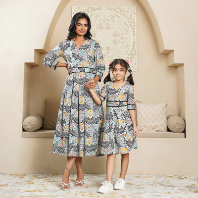 'Tropical Black' Mom and Daughter Cotton Dresses