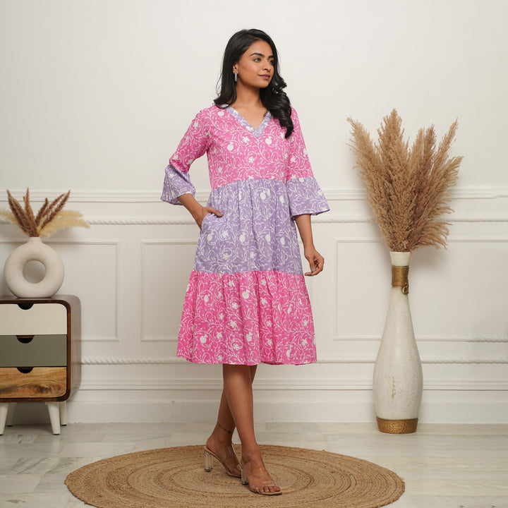 'Floral Dual' Tiered Cotton Midi Dress with Pockets