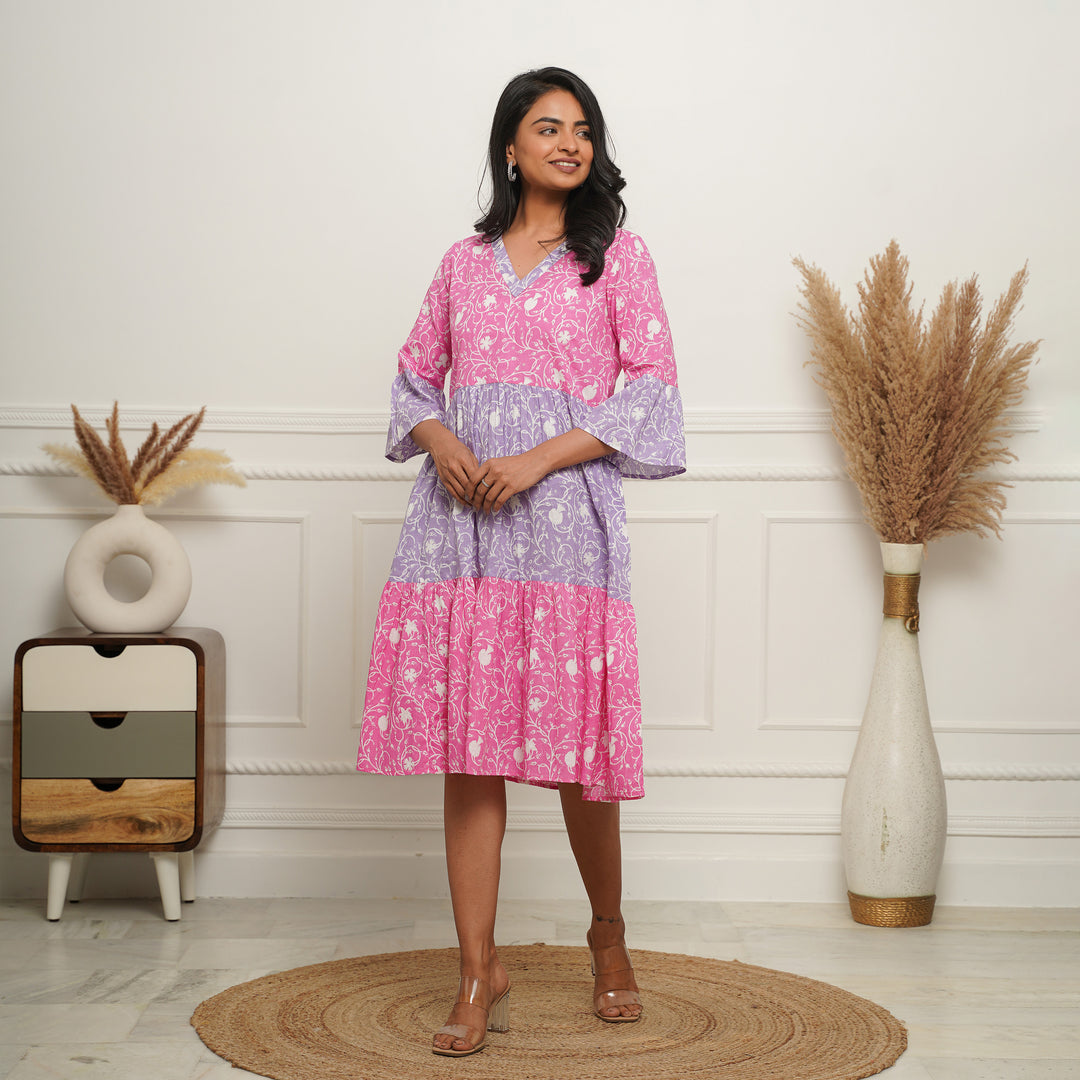 'Floral Dual' Tiered Cotton Midi Dress with Pockets