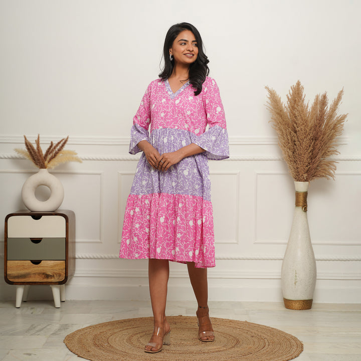 'Floral Dual' Tiered Cotton Midi Dress with Pockets