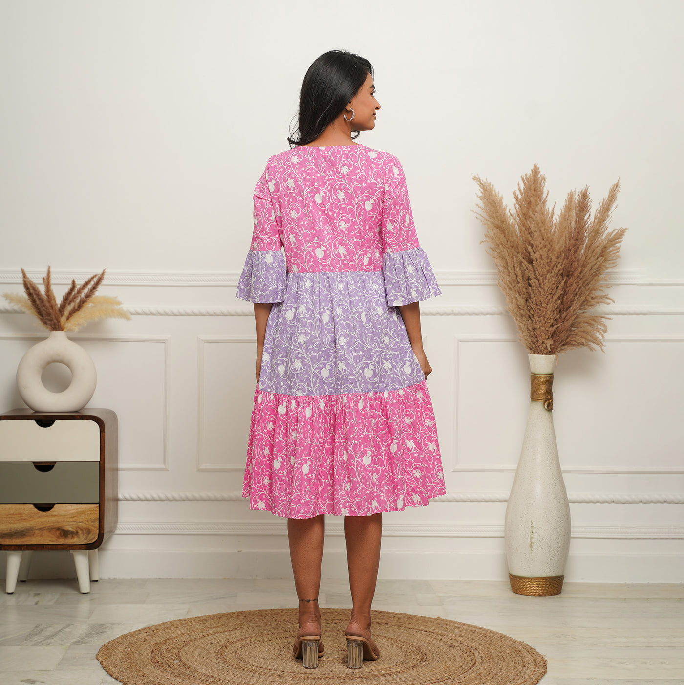 'Floral Dual' Tiered Cotton Midi Dress with Pockets