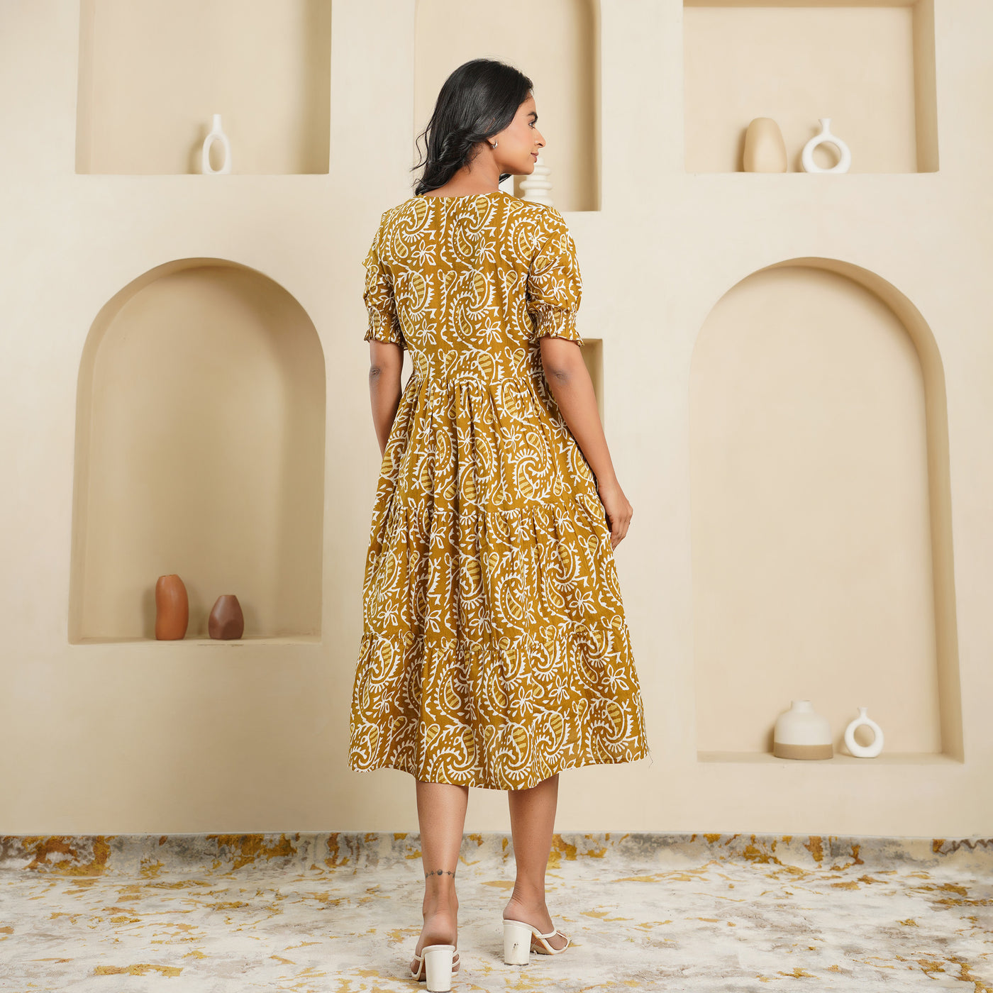 'Mustard Kery' Block Printed Cotton Midi Dress with Pockets