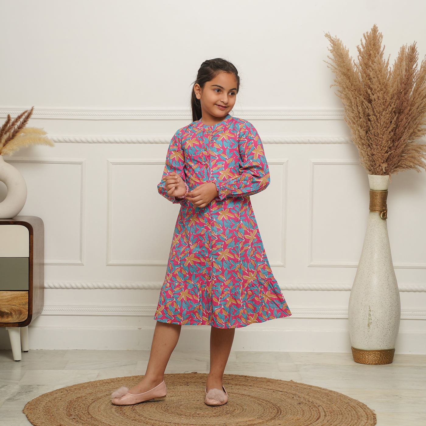 Multicolor Leaf on Pink Button Down Mom and Daughter Cotton Dresses