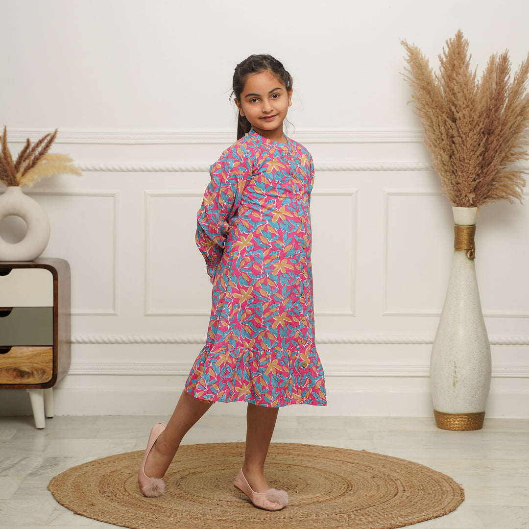 Multicolor Leaf on Pink Button Down Girl's Cotton Dress