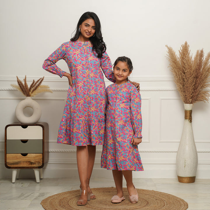 Multicolor Leaf on Pink Button Down Mom and Daughter Cotton Dresses