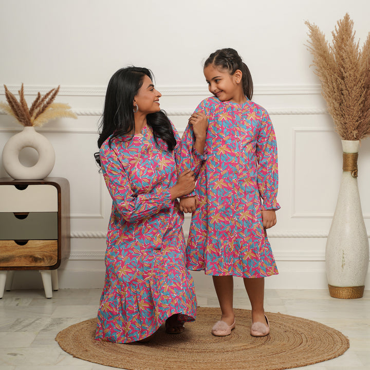 Multicolor Leaf on Pink Button Down Mom and Daughter Cotton Dresses