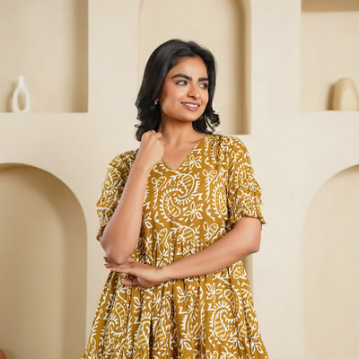 'Mustard Kery' Block Printed Cotton Midi Dress with Pockets