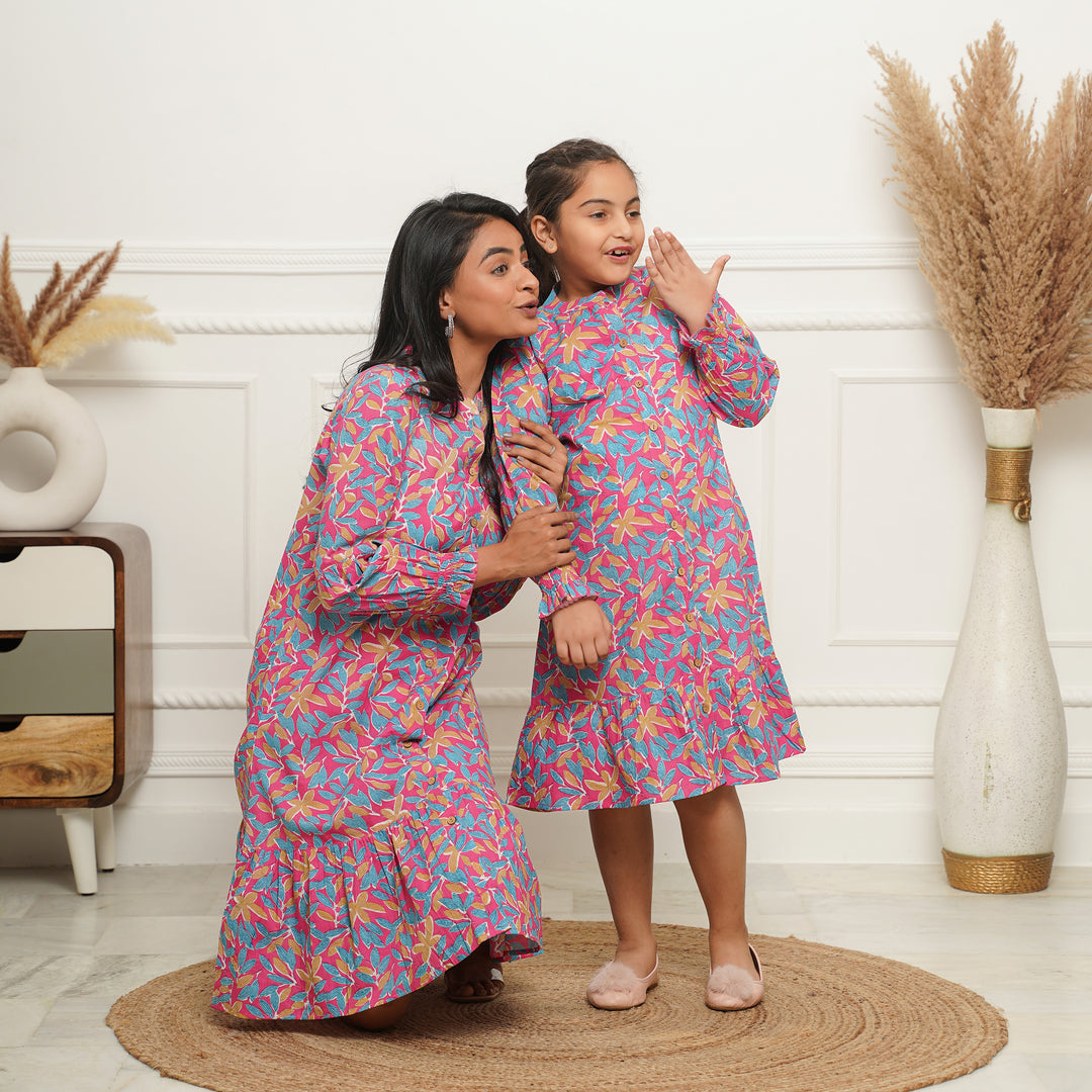 Multicolor Leaf on Pink Button Down Mom and Daughter Cotton Dresses