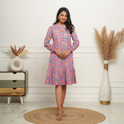 Multicolor Leaf on Pink Button Down Cotton Midi Dress with Pockets