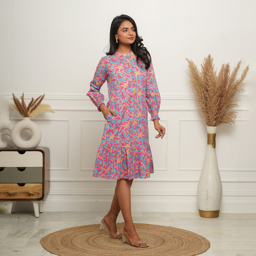 Multicolor Leaf on Pink Button Down Cotton Midi Dress with Pockets