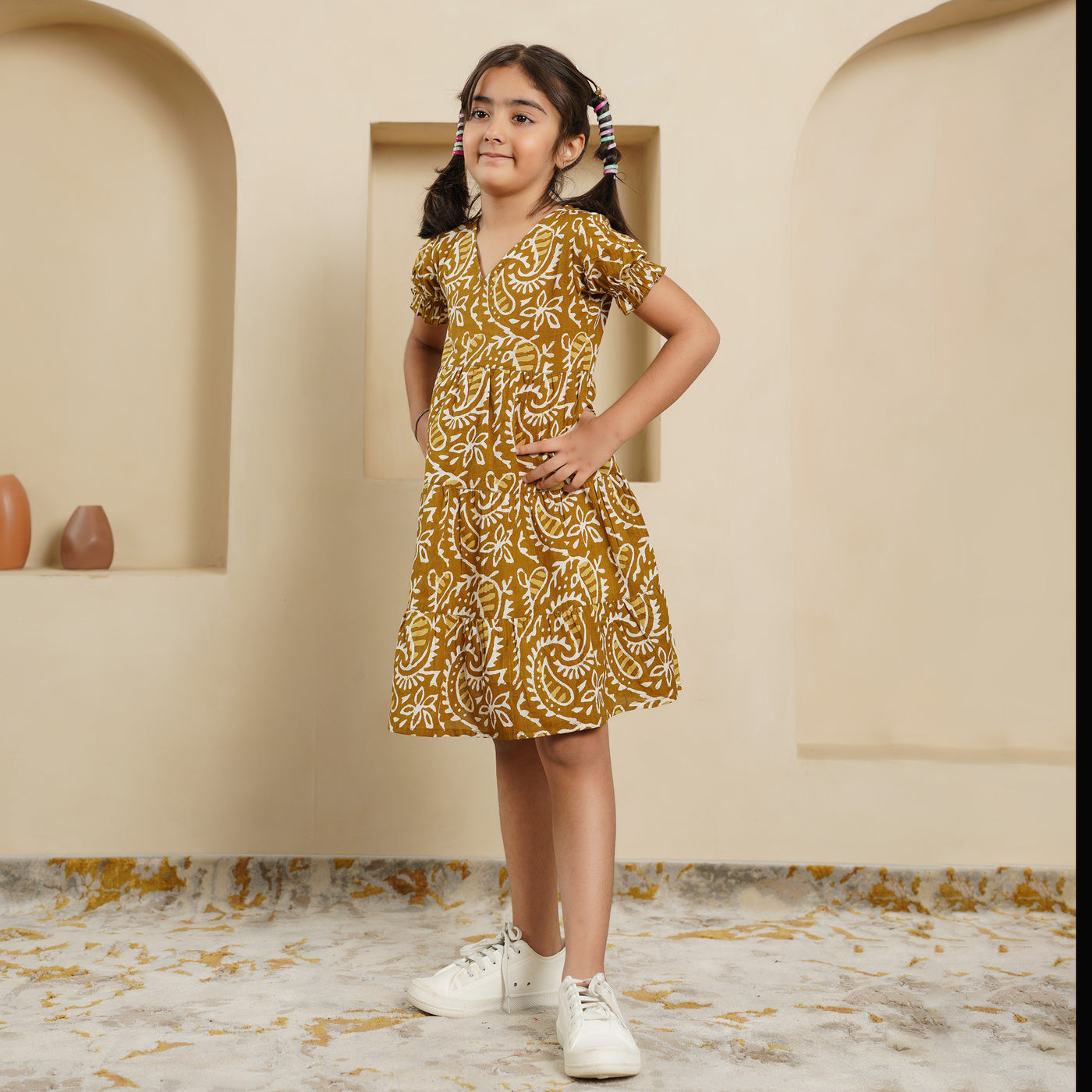 'Mustard Kery' Block Printed Girl's Cotton Dress