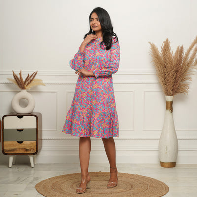 Multicolor Leaf on Pink Button Down Cotton Midi Dress with Pockets