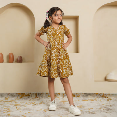 'Mustard Kery' Block Printed Girl's Cotton Dress