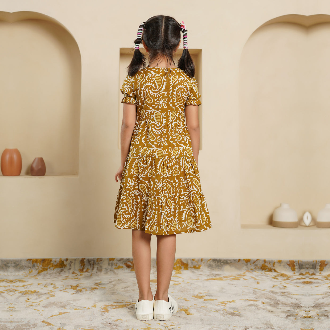 'Mustard Kery' Block Printed Girl's Cotton Dress