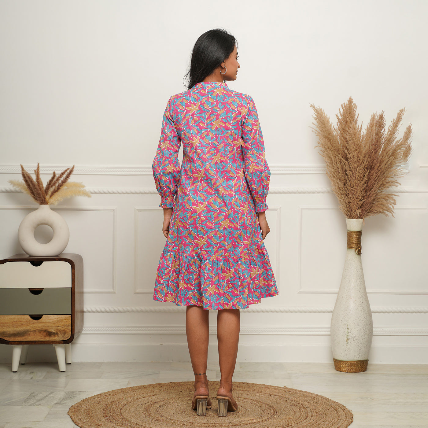 Multicolor Leaf on Pink Button Down Cotton Midi Dress with Pockets