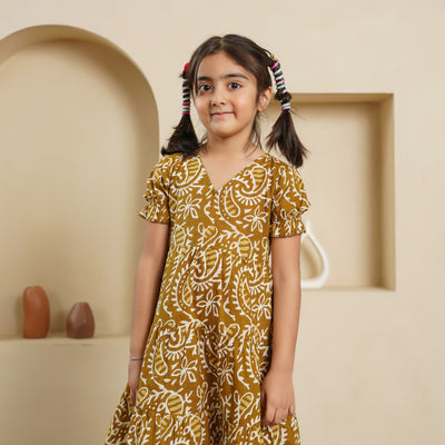 'Mustard Kery' Block Printed Girl's Cotton Dress