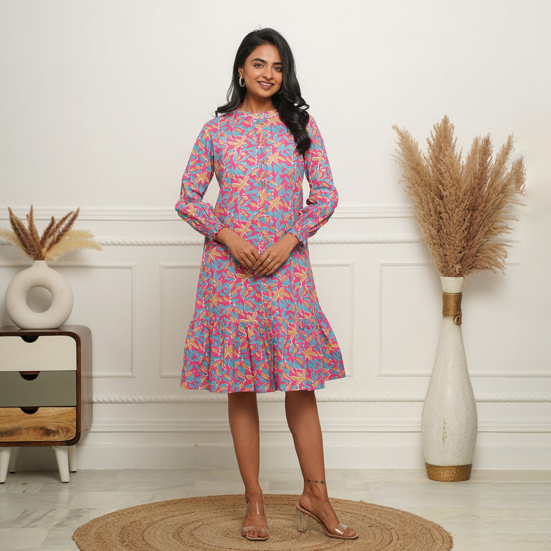 Multicolor Leaf on Pink Button Down Mom and Daughter Cotton Dresses