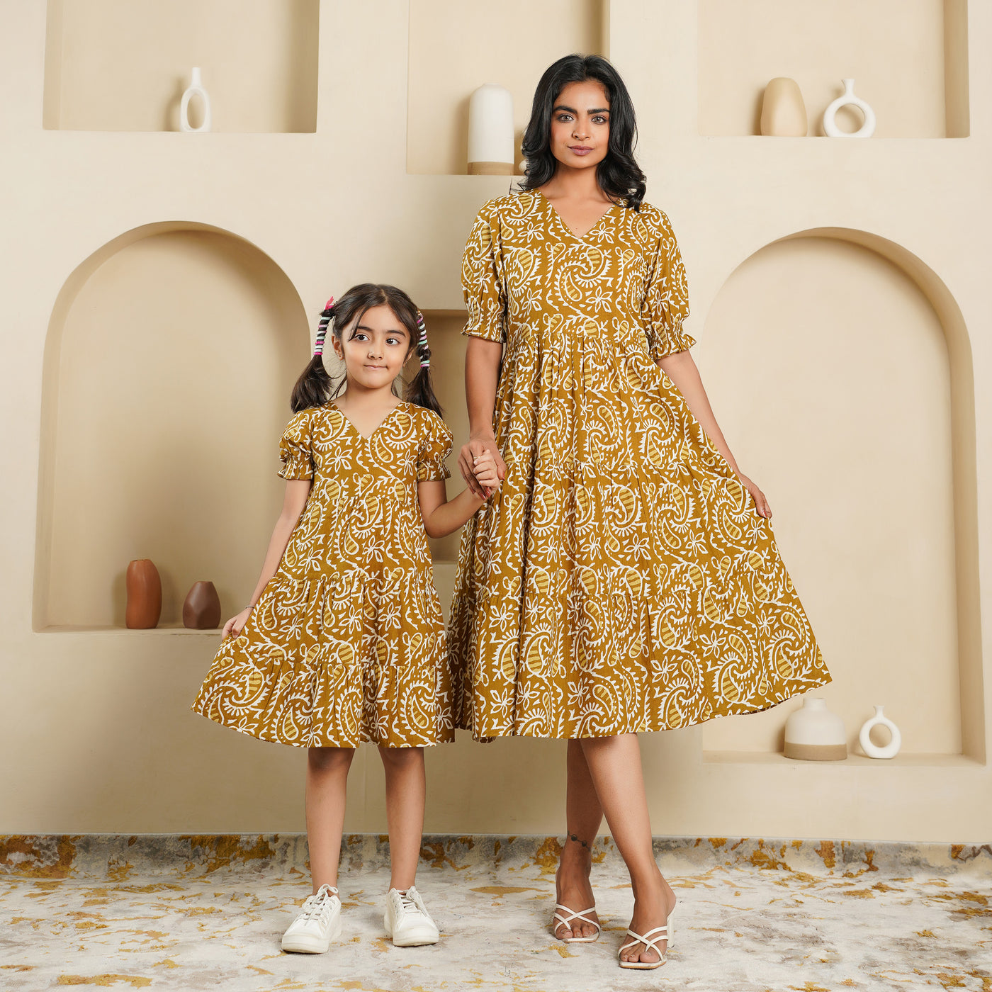 'Mustard Kery' Block Printed Mom and Daughter Cotton Dresses