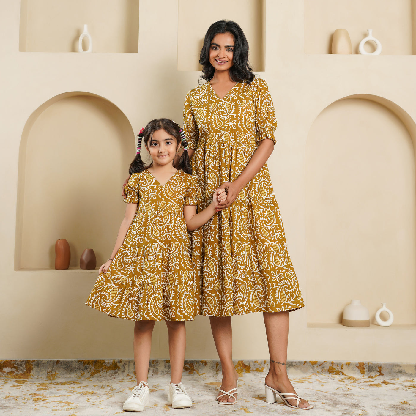 'Mustard Kery' Block Printed Mom and Daughter Cotton Dresses