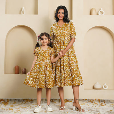 'Mustard Kery' Block Printed Mom and Daughter Cotton Dresses