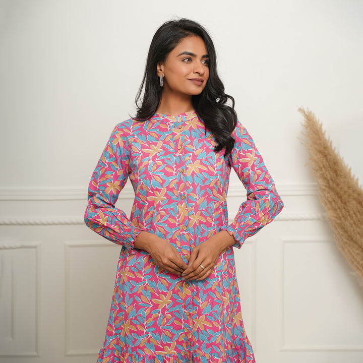 Multicolor Leaf on Pink Button Down Cotton Midi Dress with Pockets