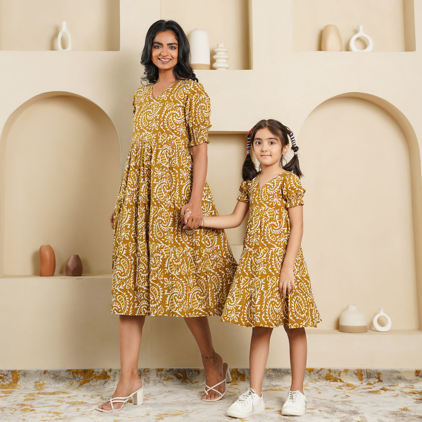 'Mustard Kery' Block Printed Mom and Daughter Cotton Dresses