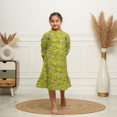 Lime Green Floral Print Button Down Mom and Daughter Cotton Dresses