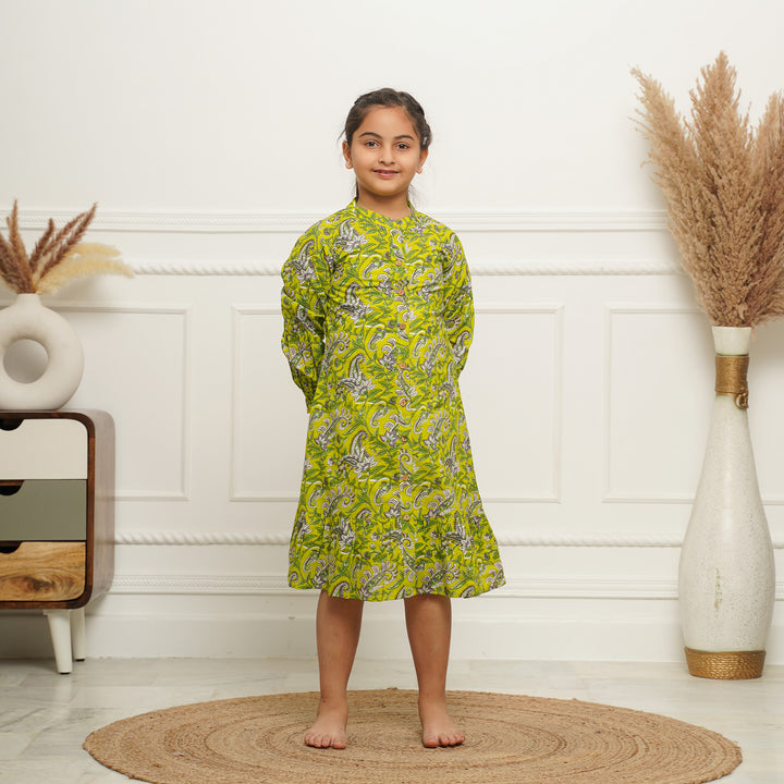 Lime Green Floral Print Button Down Mom and Daughter Cotton Dresses