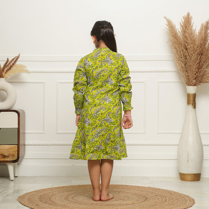 Lime Green Button Down Girl's Cotton Dress