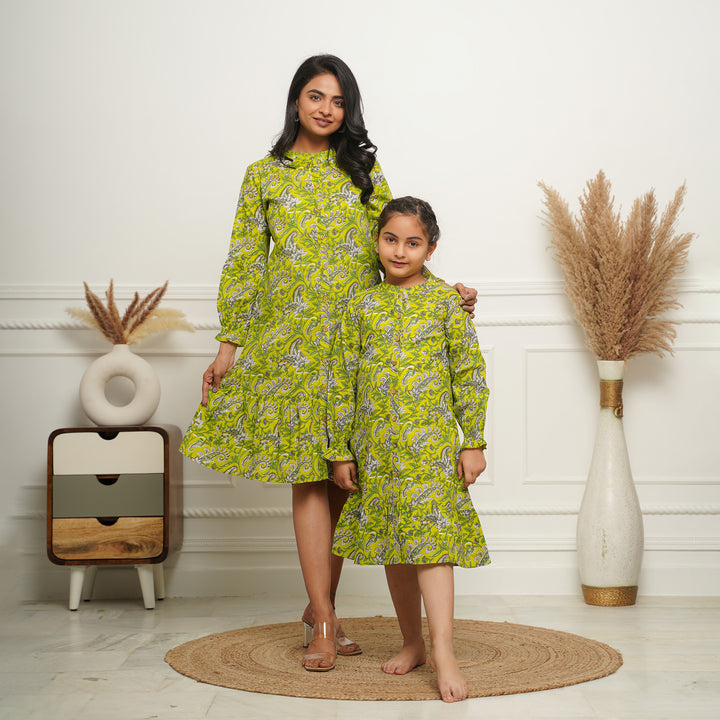 Lime Green Floral Print Button Down Mom and Daughter Cotton Dresses