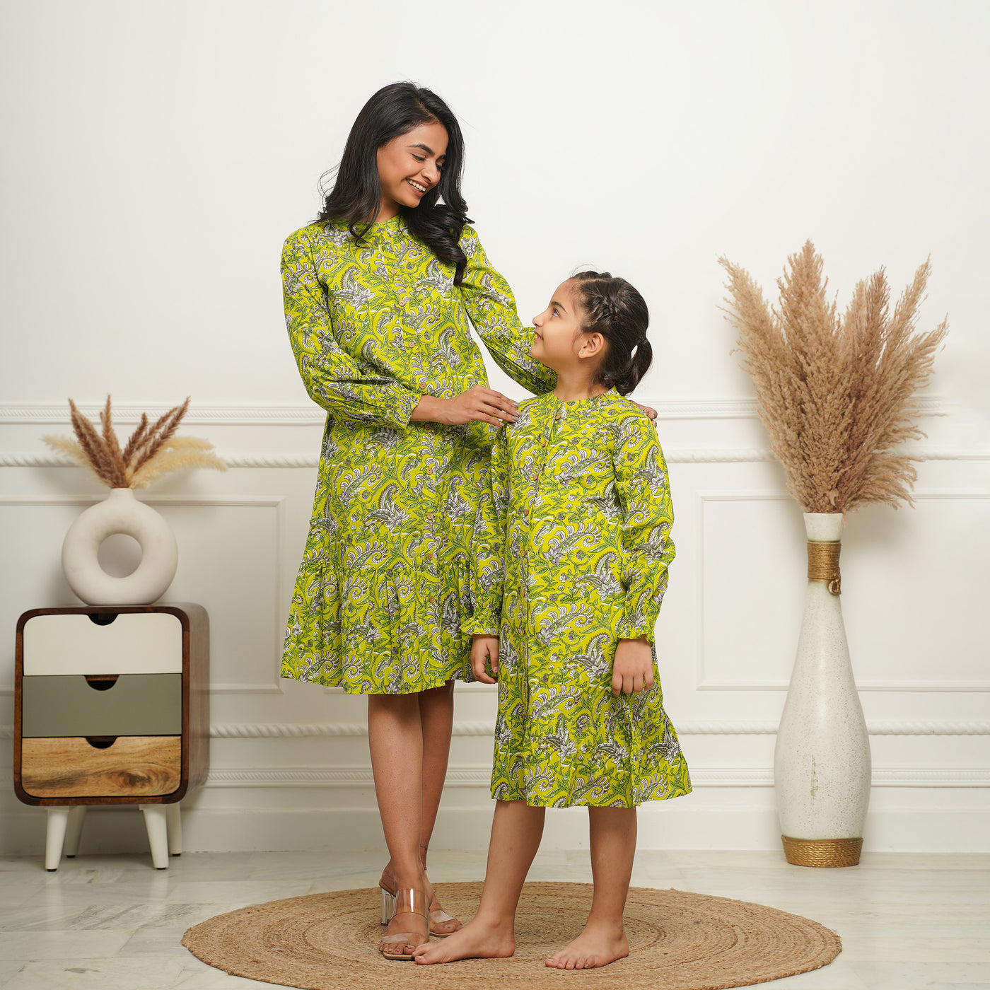 Lime Green Floral Print Button Down Mom and Daughter Cotton Dresses