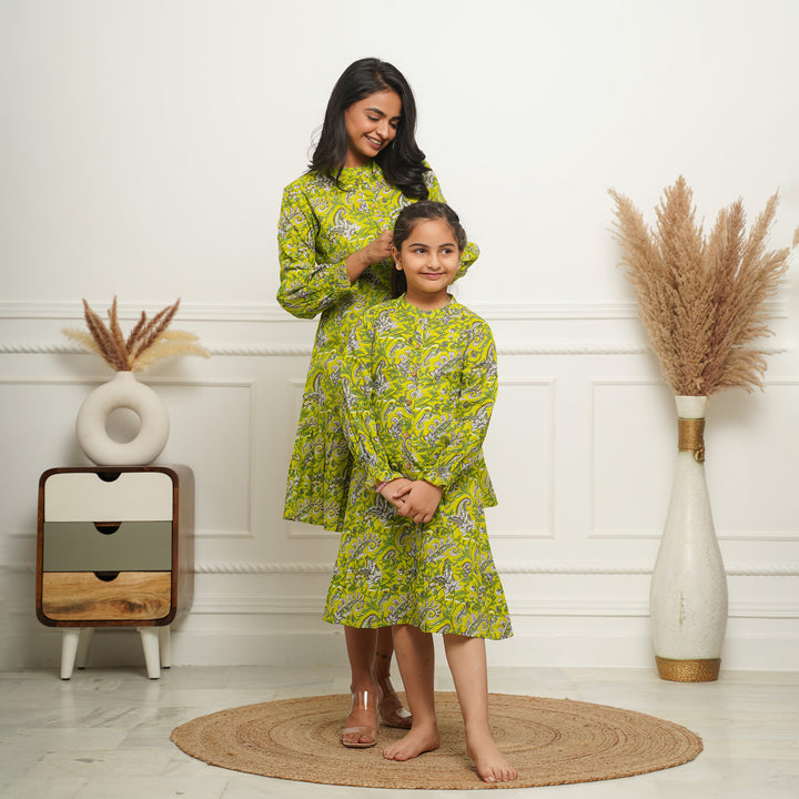 Lime Green Floral Print Button Down Mom and Daughter Cotton Dresses