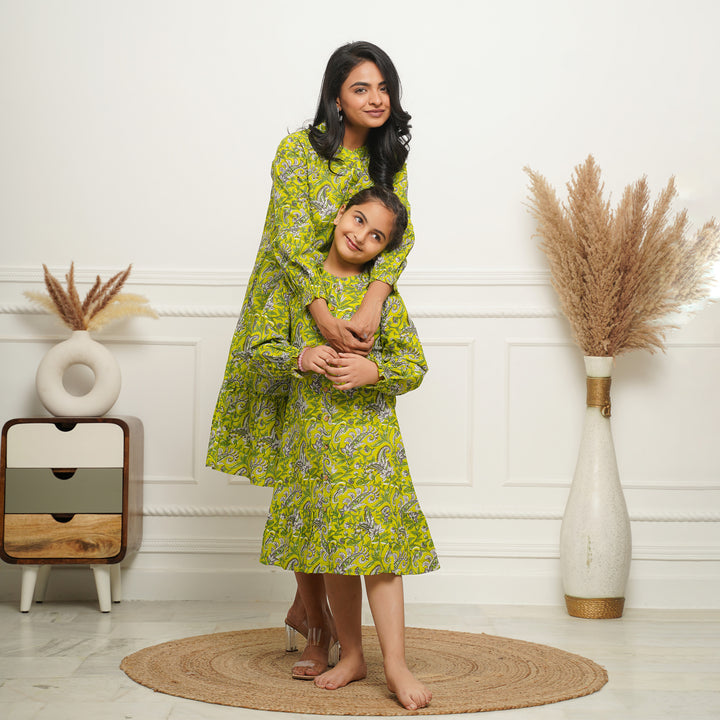 Lime Green Floral Print Button Down Mom and Daughter Cotton Dresses