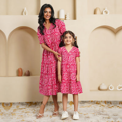 'Pink Kery' Block Printed Mom and Daughter Cotton Dresses