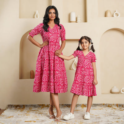 'Pink Kery' Block Printed Mom and Daughter Cotton Dresses