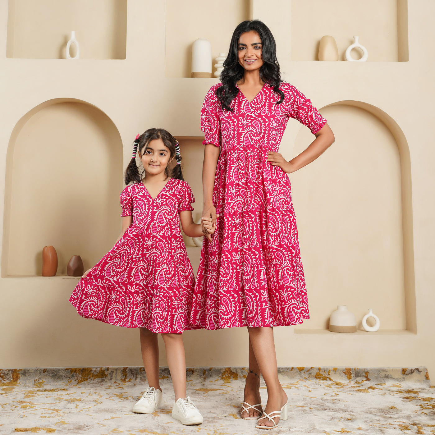 'Pink Kery' Block Printed Mom and Daughter Cotton Dresses