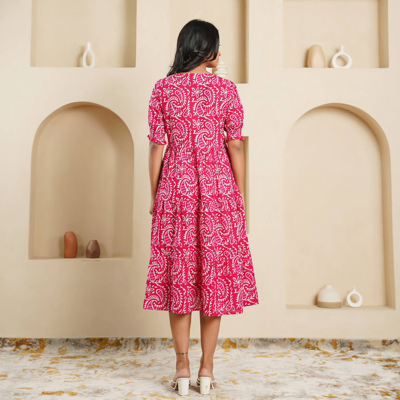 'Pink Kery' Block Printed Cotton Midi Dress with Pockets