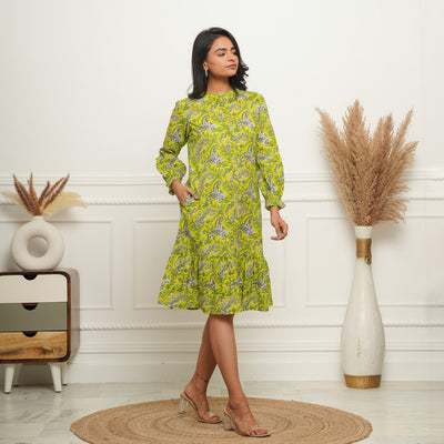 Lime Green Button Down Cotton Midi Dress with Pockets