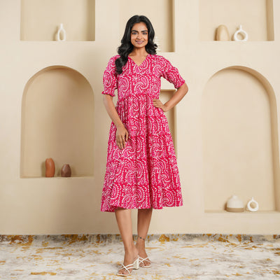 'Pink Kery' Block Printed Cotton Midi Dress with Pockets